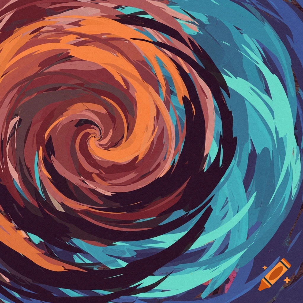 An abstract featuring swirling brushstrokes in shades of orange, red, teal, and dark purple.
