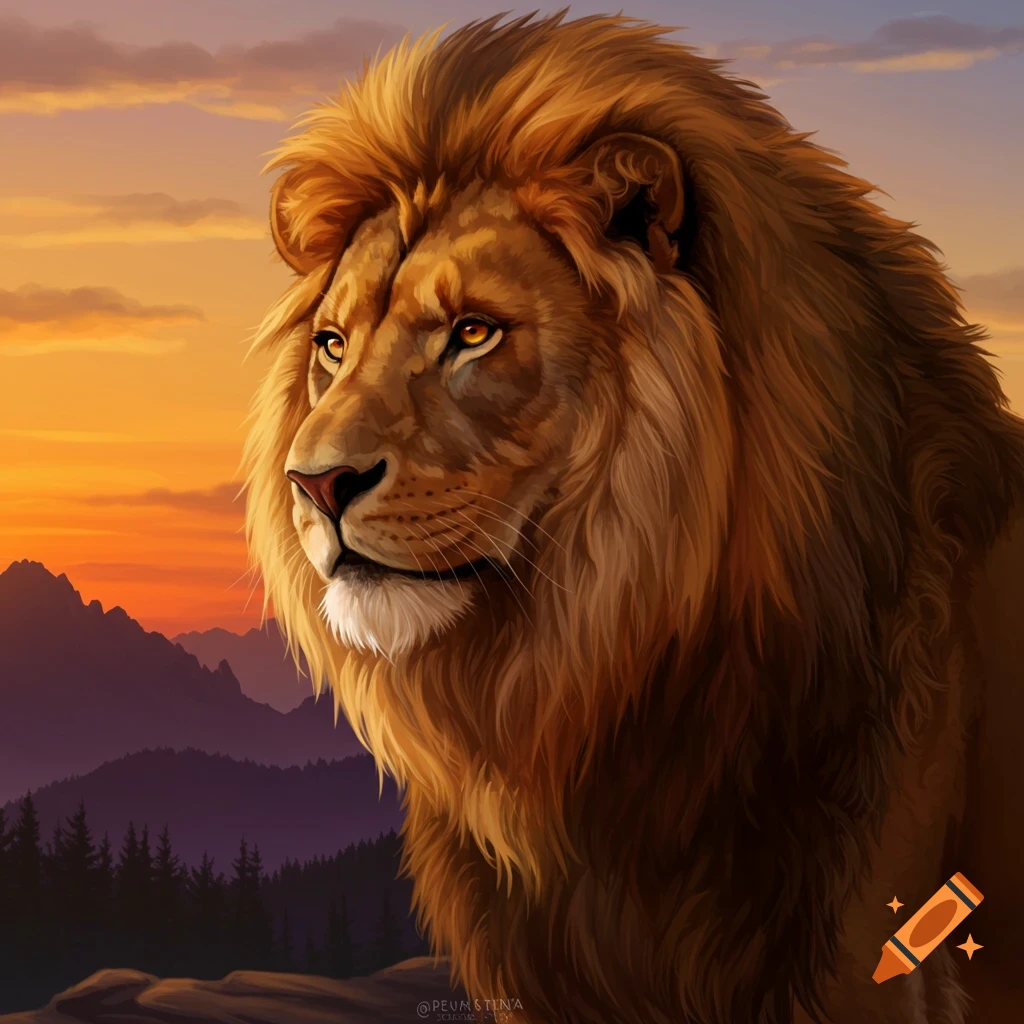 A majestic lion gazes left at the fiery sunset with towering mountains in the background.