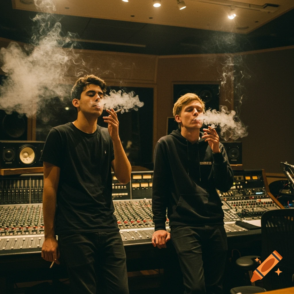 Two young men smoking cigarettes in a recording studio.