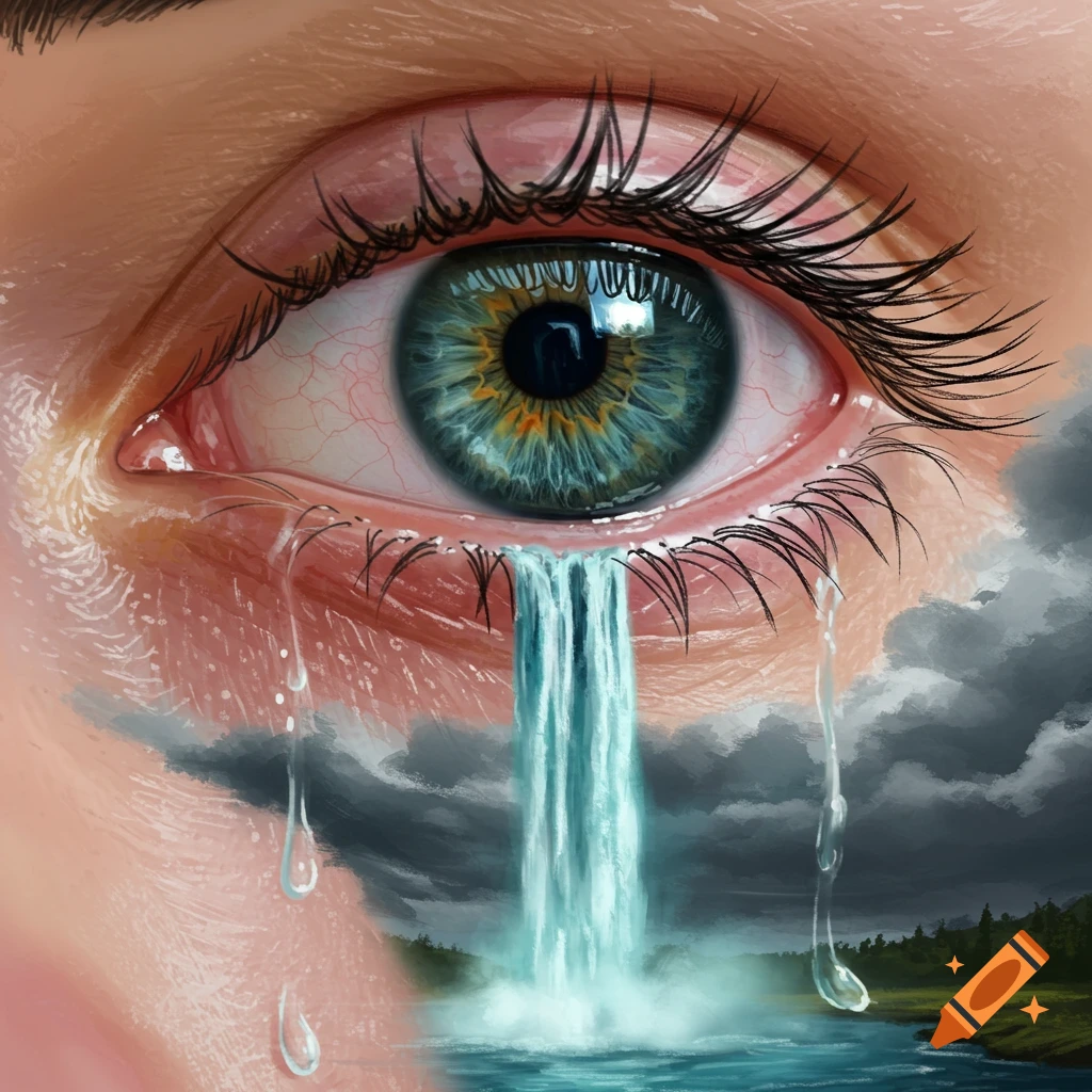 Close-up of an eye crying a waterfall into a stormy landscape.