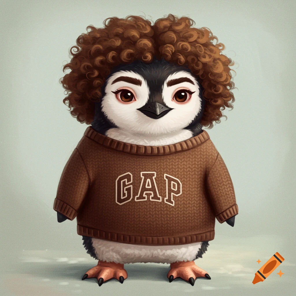 Cartoon penguin with curly brown hair, eyebrows, wearing a brown GAP sweater.