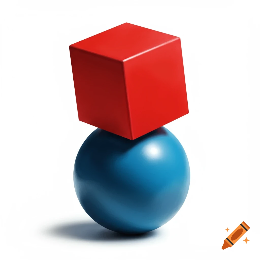 A red cube sits atop a blue sphere, digitally rendered.