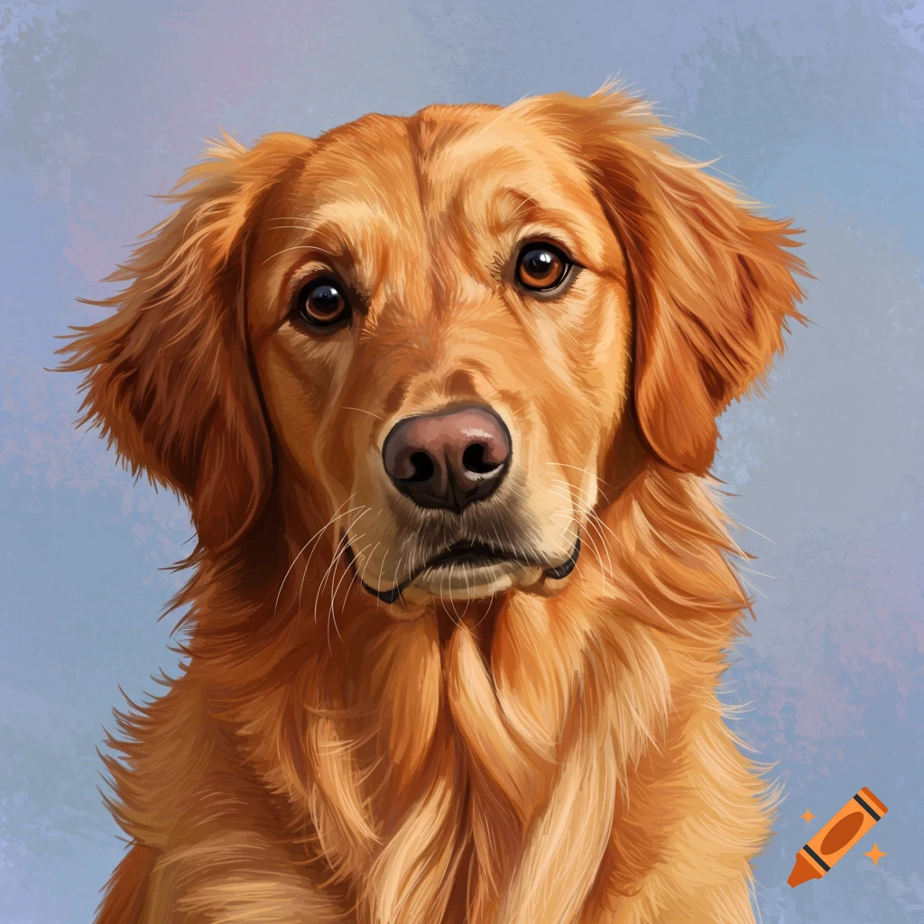 A close-up portrait of a golden retriever dog with a tilted head.