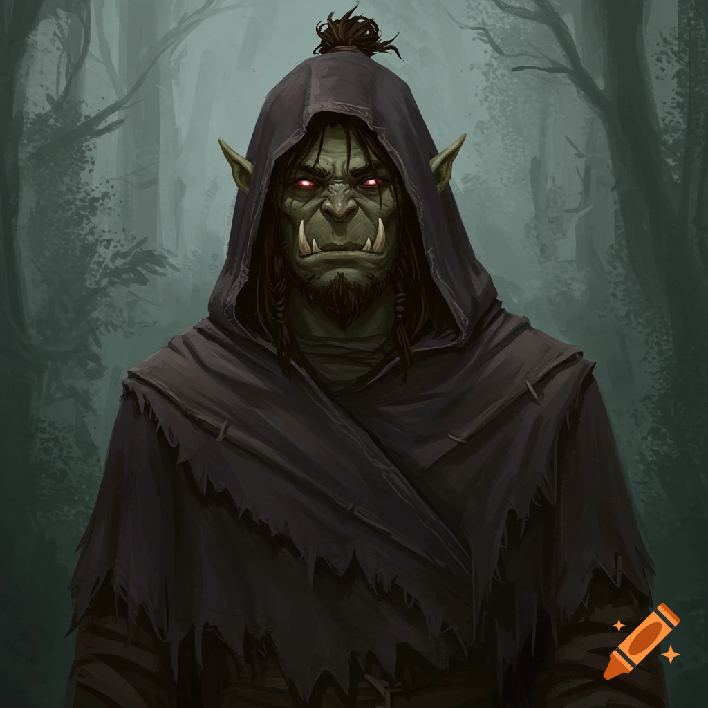 A half-orc in a dark hooded robe stands in a misty forest.