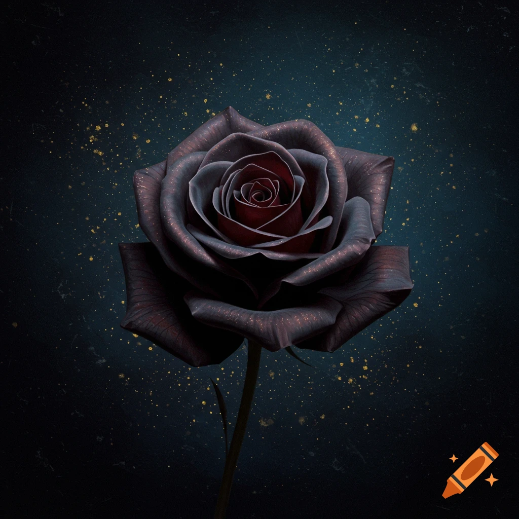 A dark red and black rose against a dark background with gold speckles.