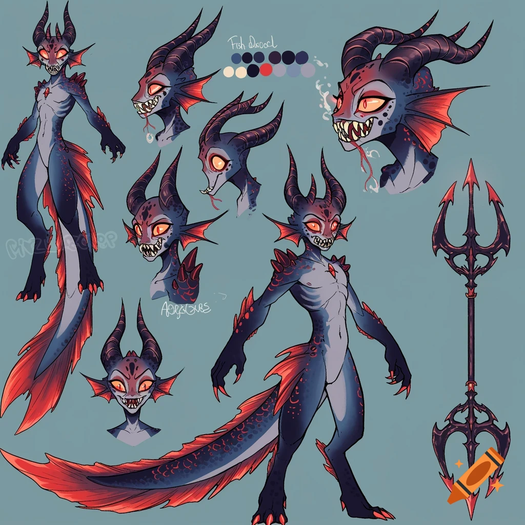 Character reference sheet of a stylized fish demon creature with horns and fins, shown in multiple views, in an animated art style.