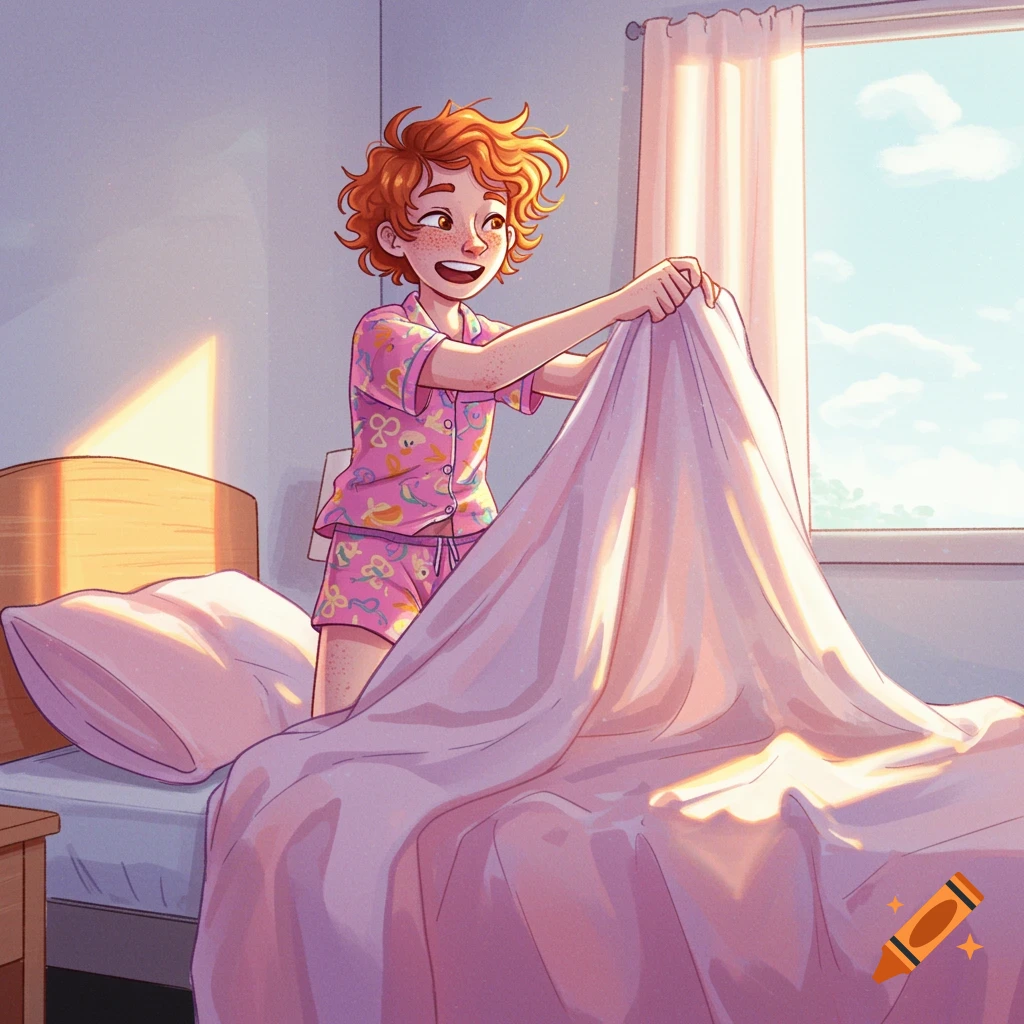 A red-haired youth in pink pajamas making a bed in a sunny room.