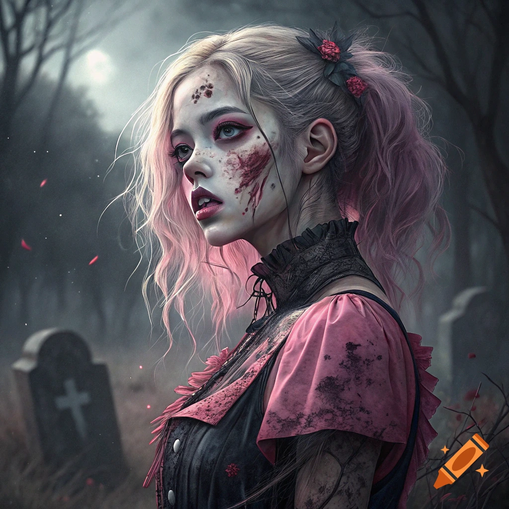 Portrait of a zombie woman with pink hair in a dark cemetery.
