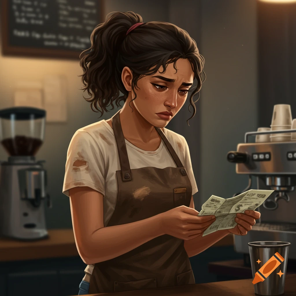A sad barista looking at a bill.