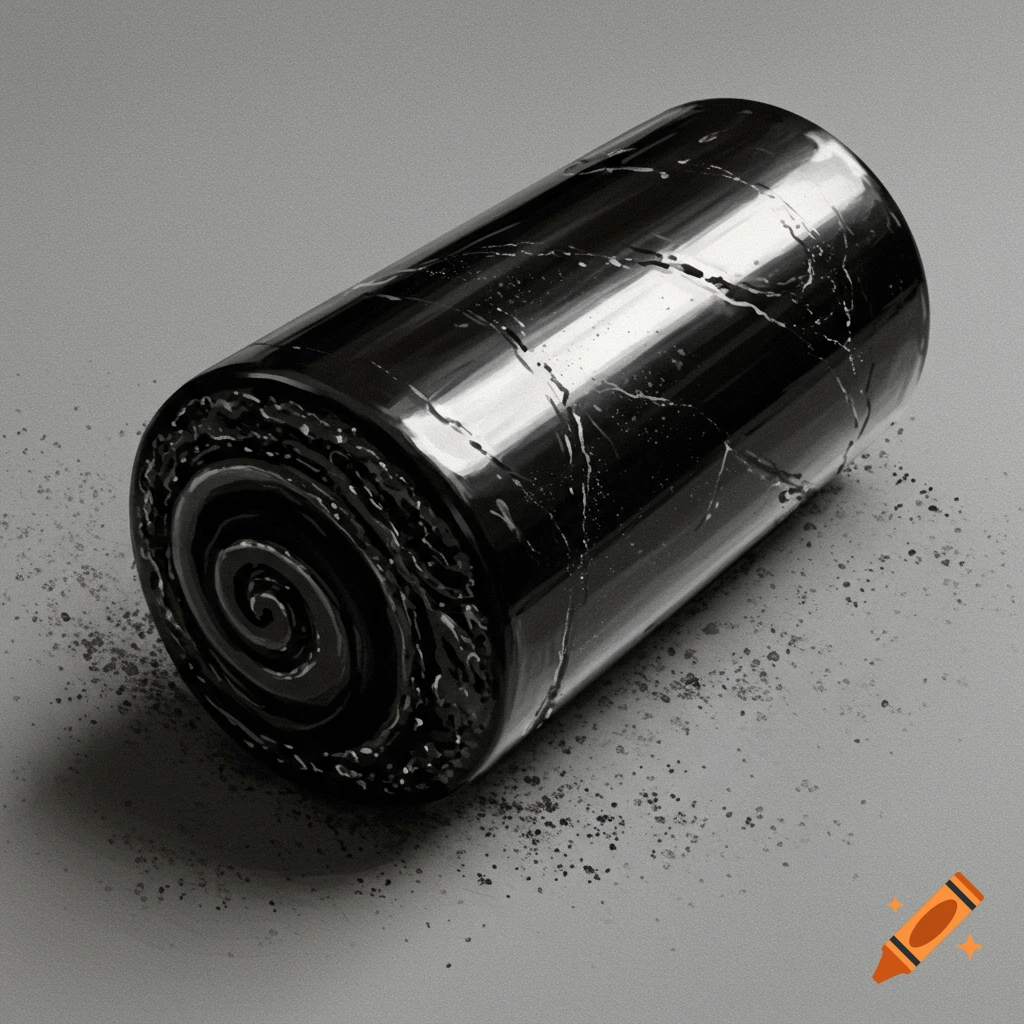 A rolled black marble cylinder is on a gray surface.