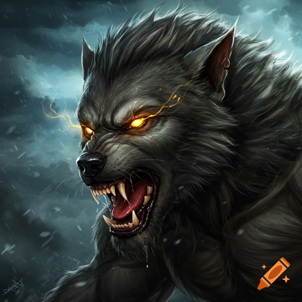Close-up of an angry werewolf with glowing eyes, baring teeth in a stormy scene.