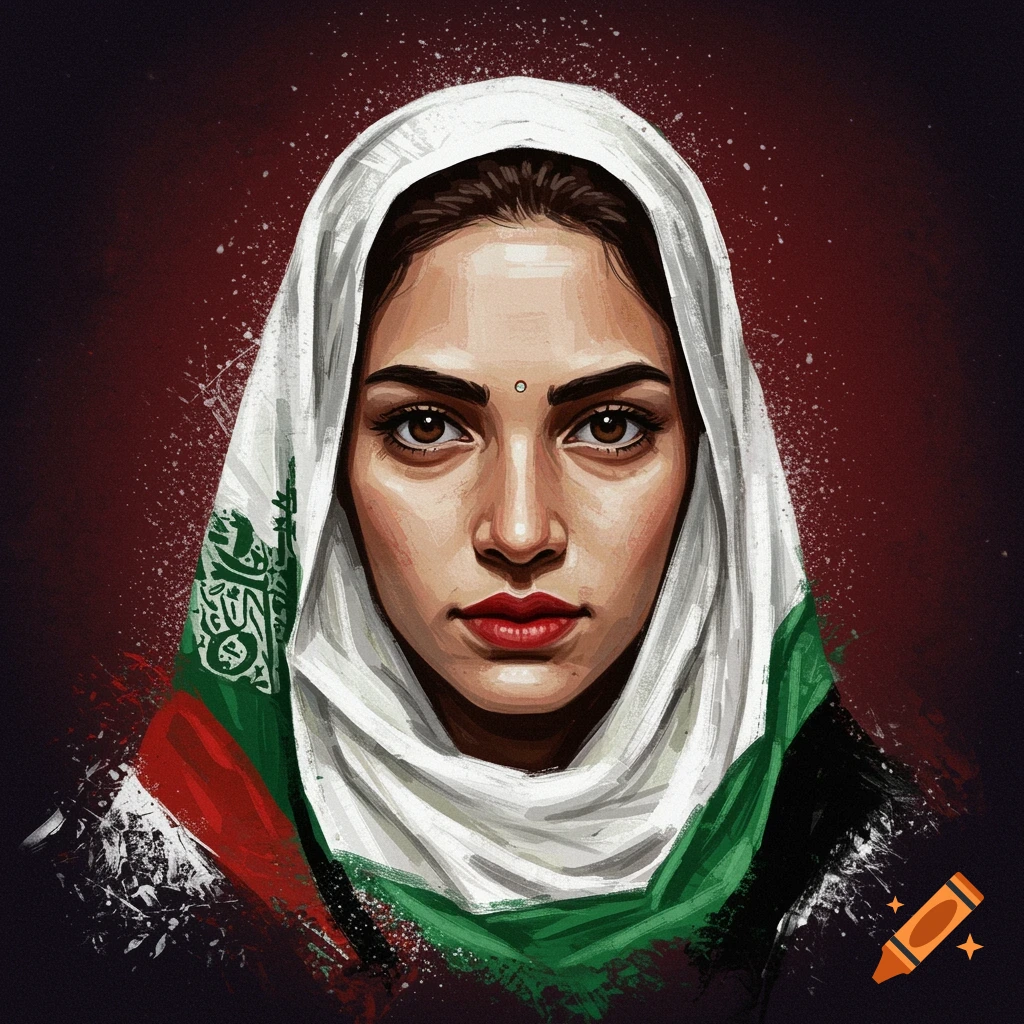 Portrait of a woman wearing a headscarf with green, red, and black flag colors.