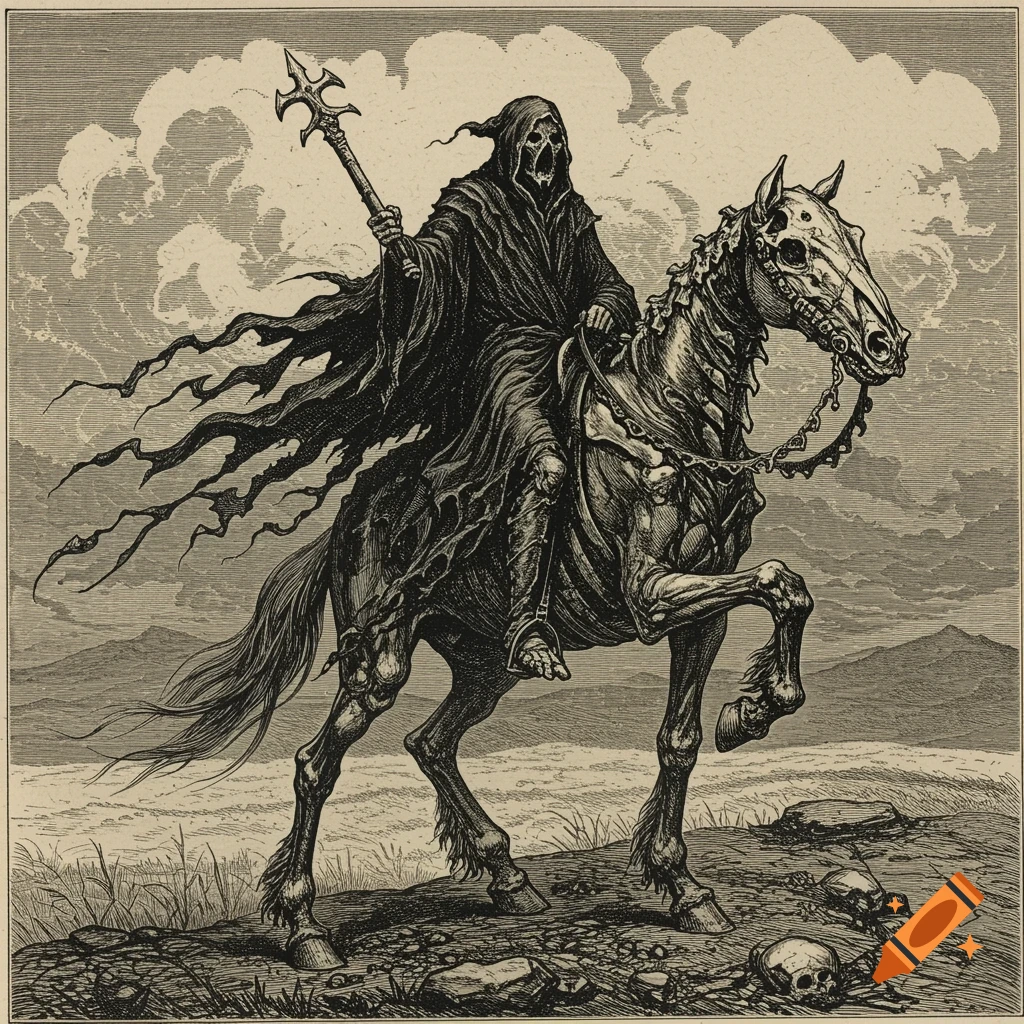 A skeletal figure in a hooded cloak rides a skeletal horse in a dramatic, detailed etching style.