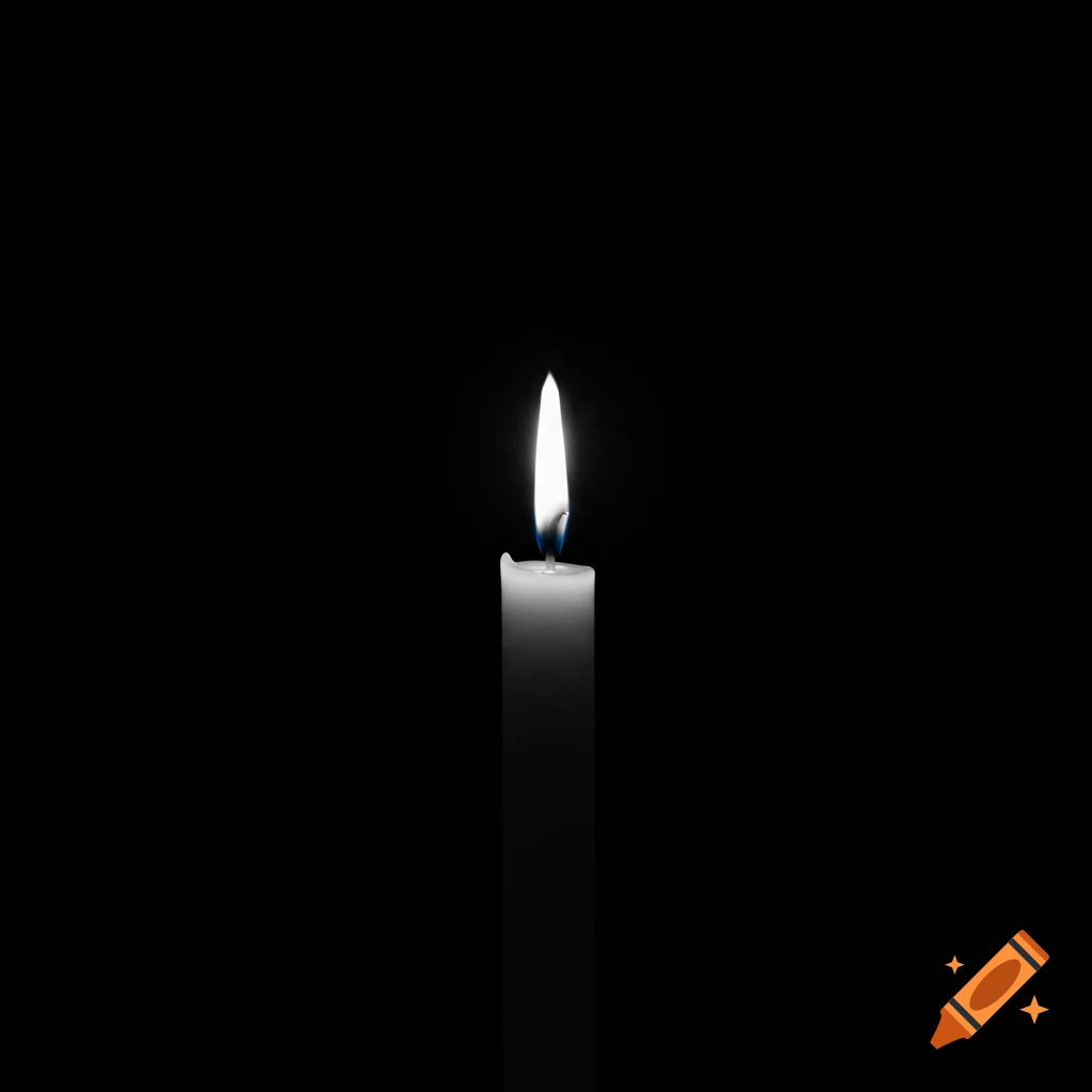 A white candle burns in darkness.
