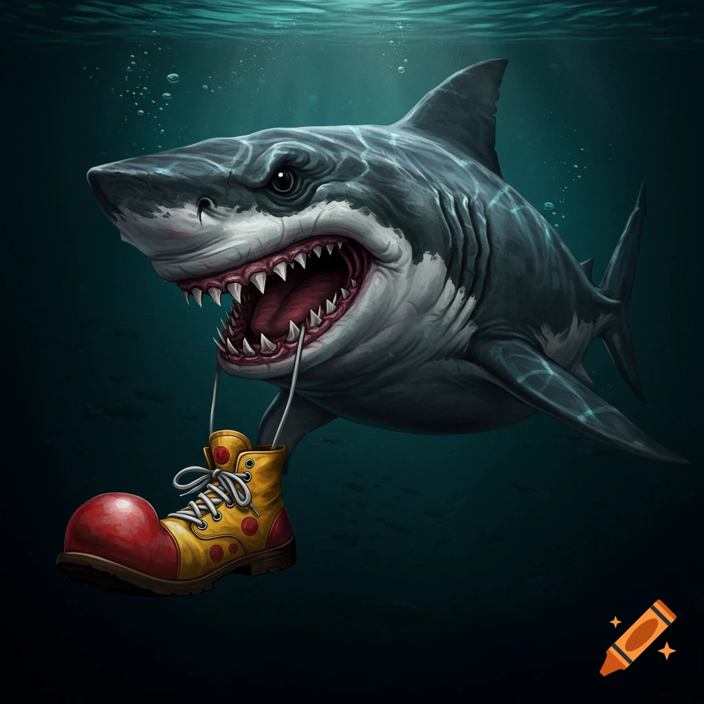A shark underwater holding a large clown shoe in its mouth.