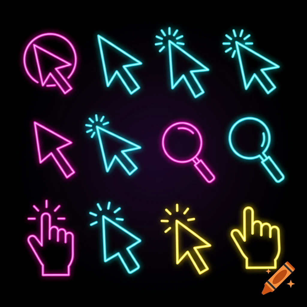 Set of neon mouse cursors, hand pointers, and a magnifying glass on a black background.