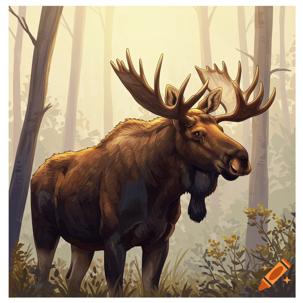 Large bull moose standing in a sunlit forest.