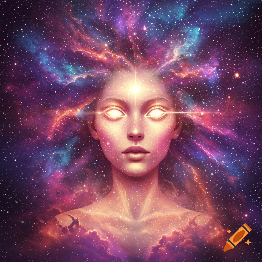 Stylized portrait of an ethereal figure composed of nebulae and stars, with glowing eyes and galactic hair.