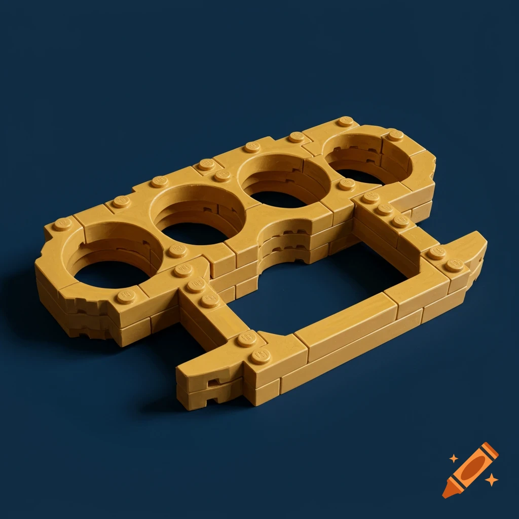 Brass knuckles made of yellow Lego bricks on a dark blue background.