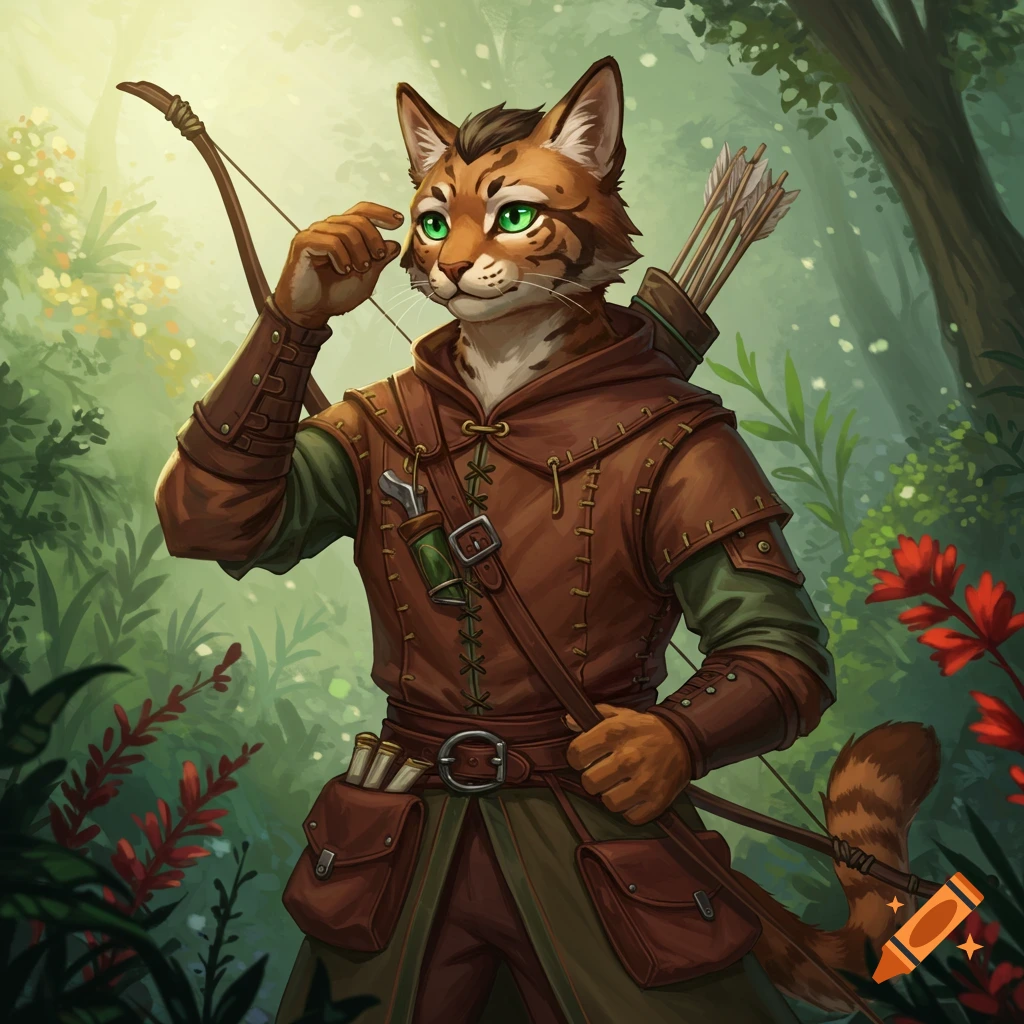 A cat-like fantasy ranger character in leather armor holds a bow in a sunlit forest.