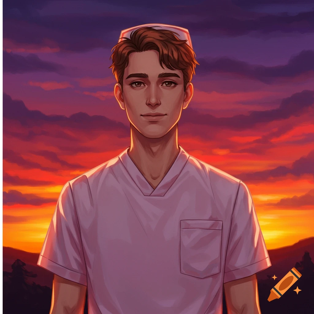 A male nurse in a pink uniform against a sunset.