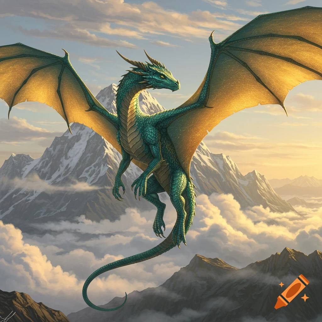 A majestic teal dragon flies over snow-capped mountains.