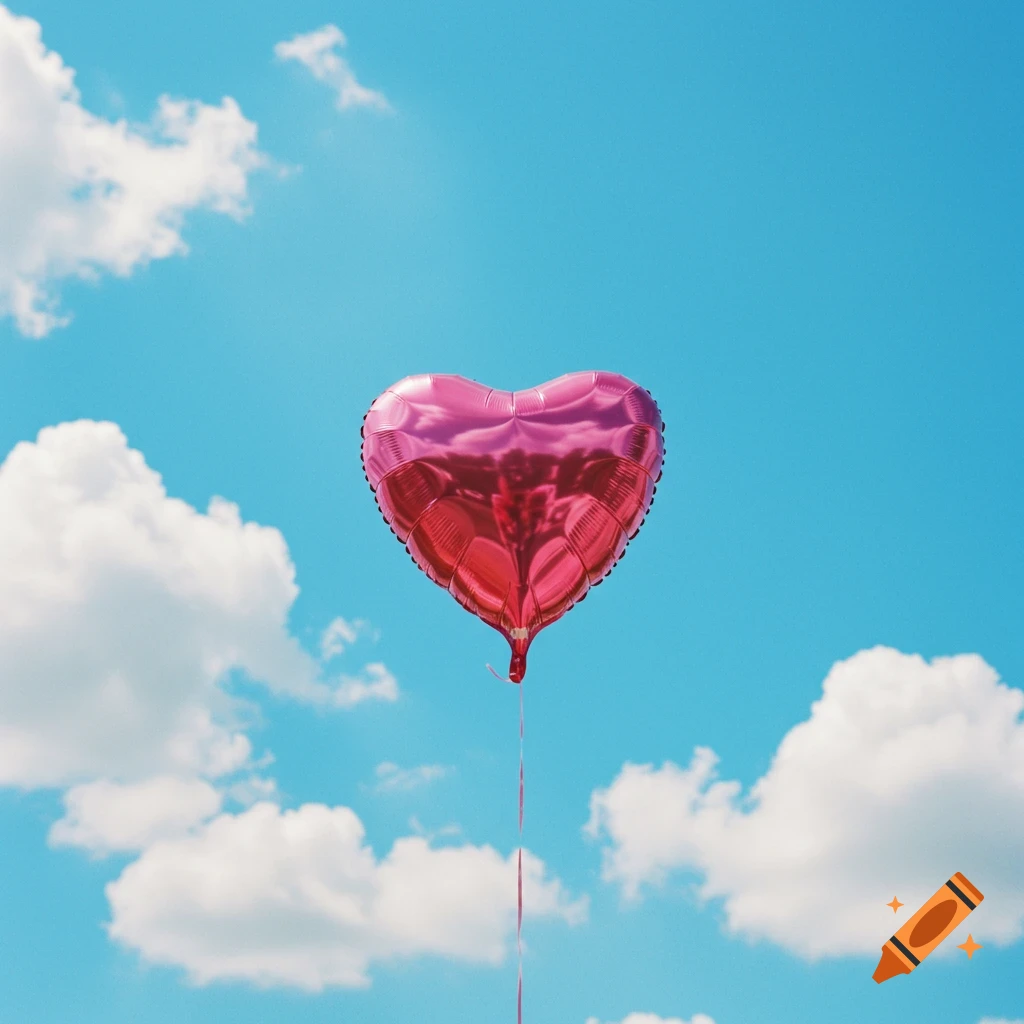 A pink heart-shaped balloon floats in a blue sky with white clouds.