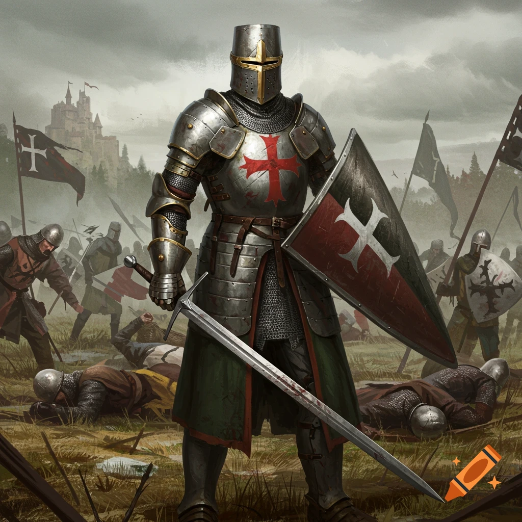 A knight in armor holds a sword and shield on a battlefield with fallen soldiers and a castle.