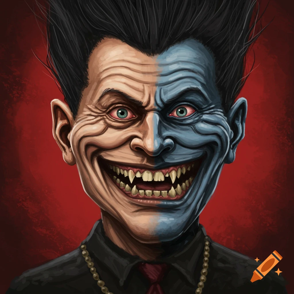 Stylized portrait of a monstrous character with a split face and fangs.