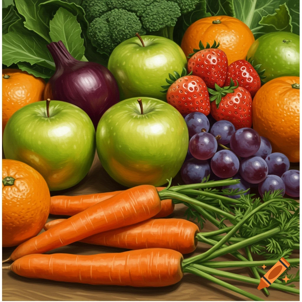 Various fruits and vegetables are shown including apples, carrots, broccoli, strawberries, grapes, and oranges.