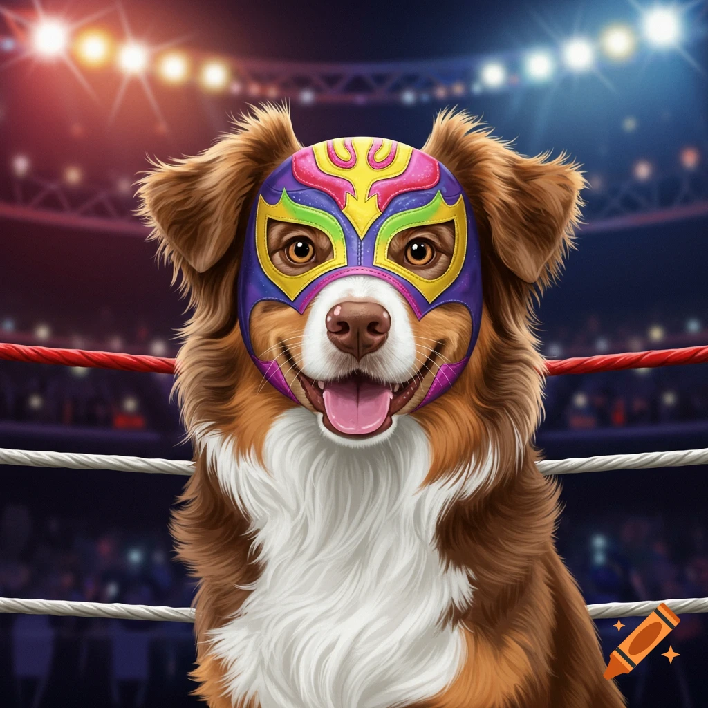 A dog wearing a colorful wrestling mask sits in a wrestling ring.
