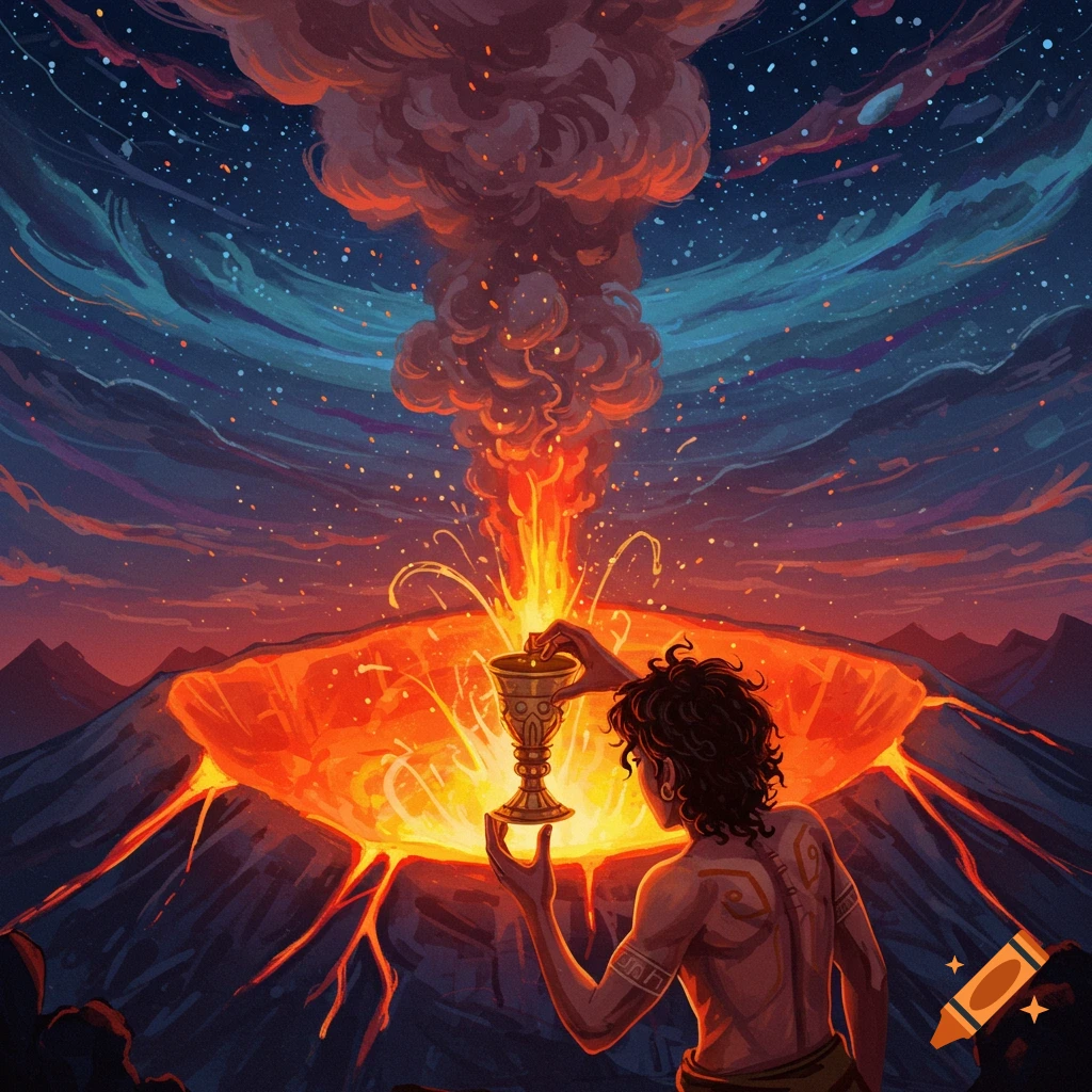 Stylized depiction of a figure sacrificing a cup into an erupting volcano against a dramatic sky.