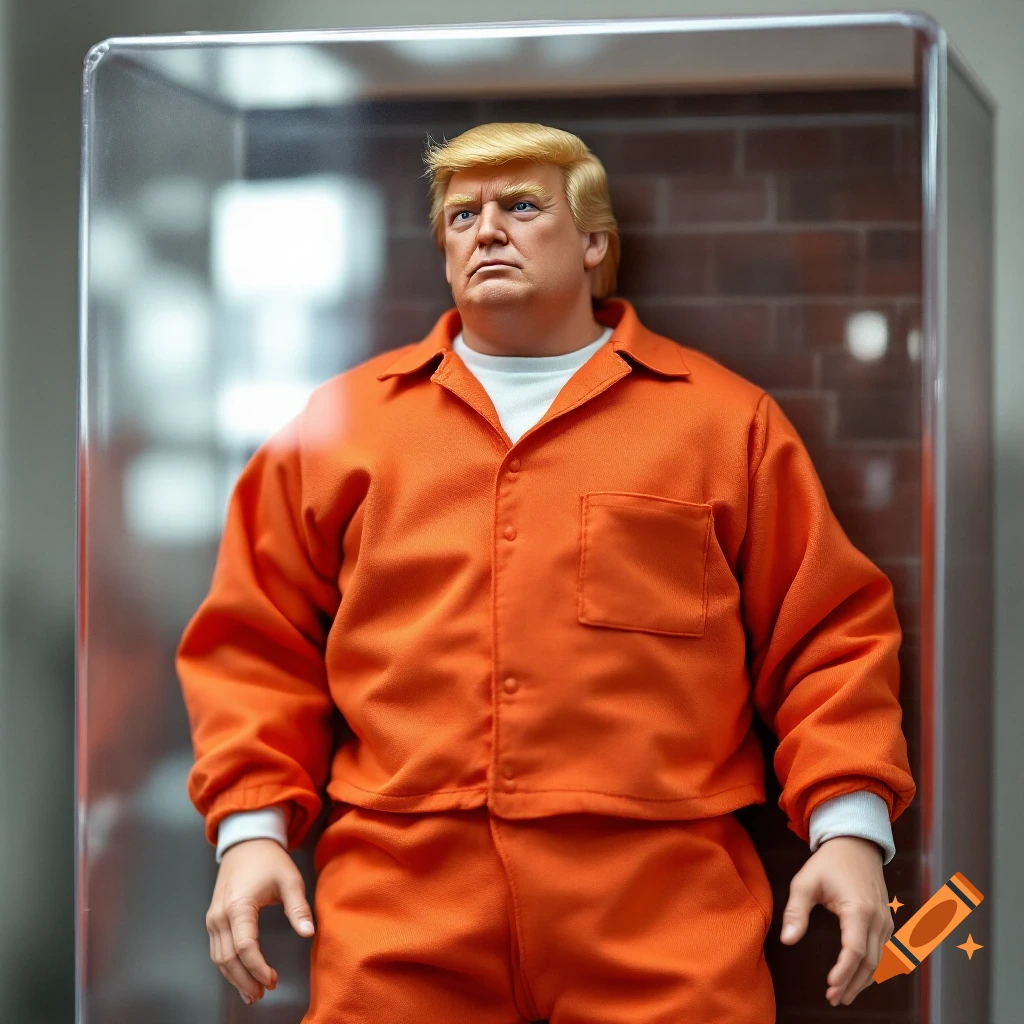 Realistic action figure resembling Donald Trump in an orange jumpsuit inside a plastic display box.