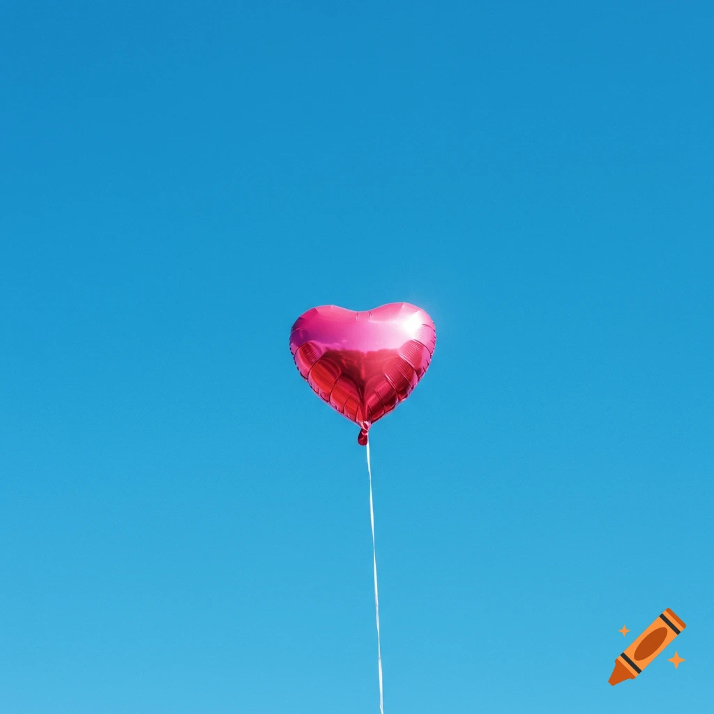 A pink heart balloon floats against a bright blue sky.
