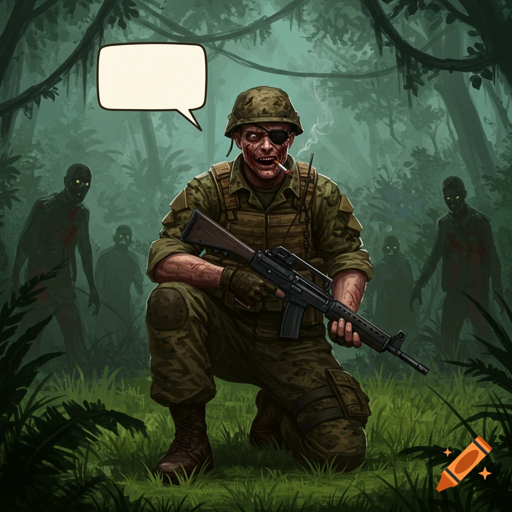 A zombie soldier kneels with a rifle in a jungle, surrounded by other zombies.