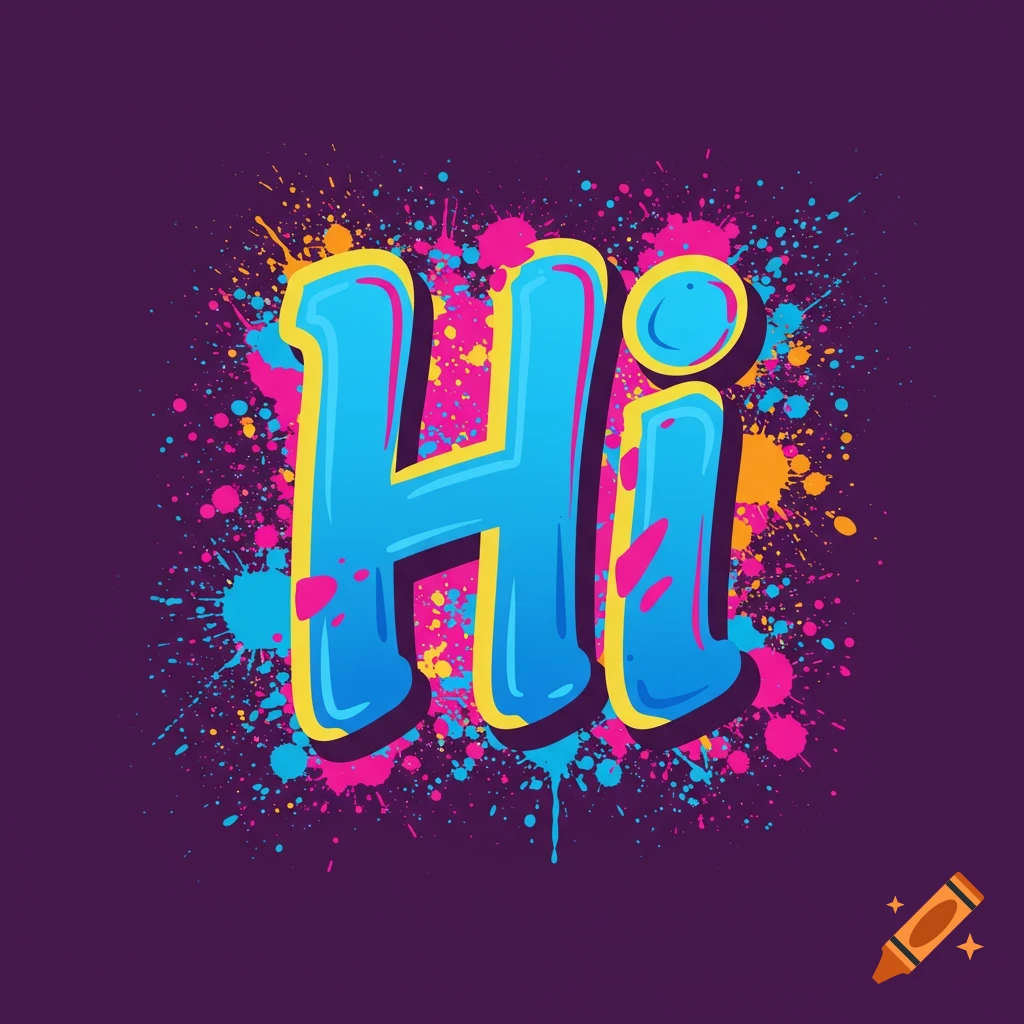 Stylized word 'Hi' in blue and yellow block letters with colorful paint splatters on a dark background.