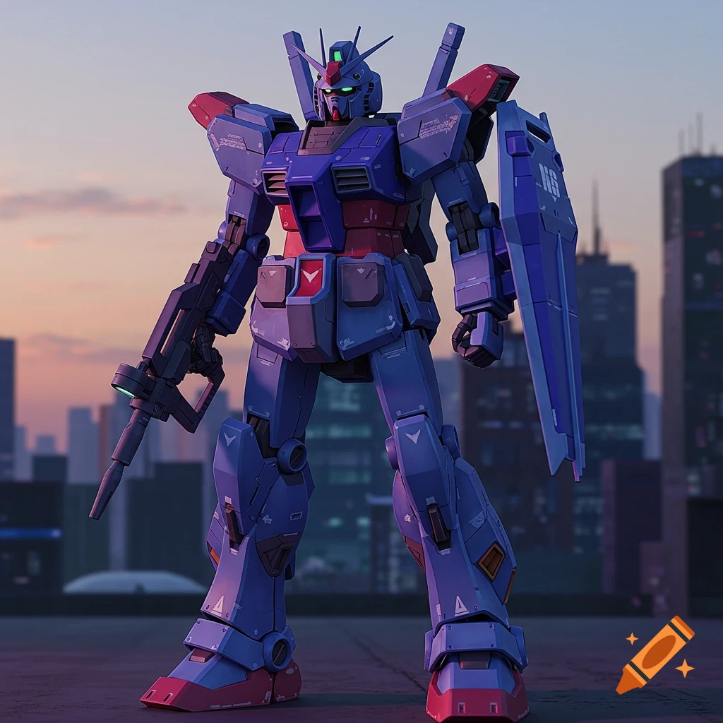 A blue and red Gundam robot stands on a rooftop overlooking a city skyline at sunset.