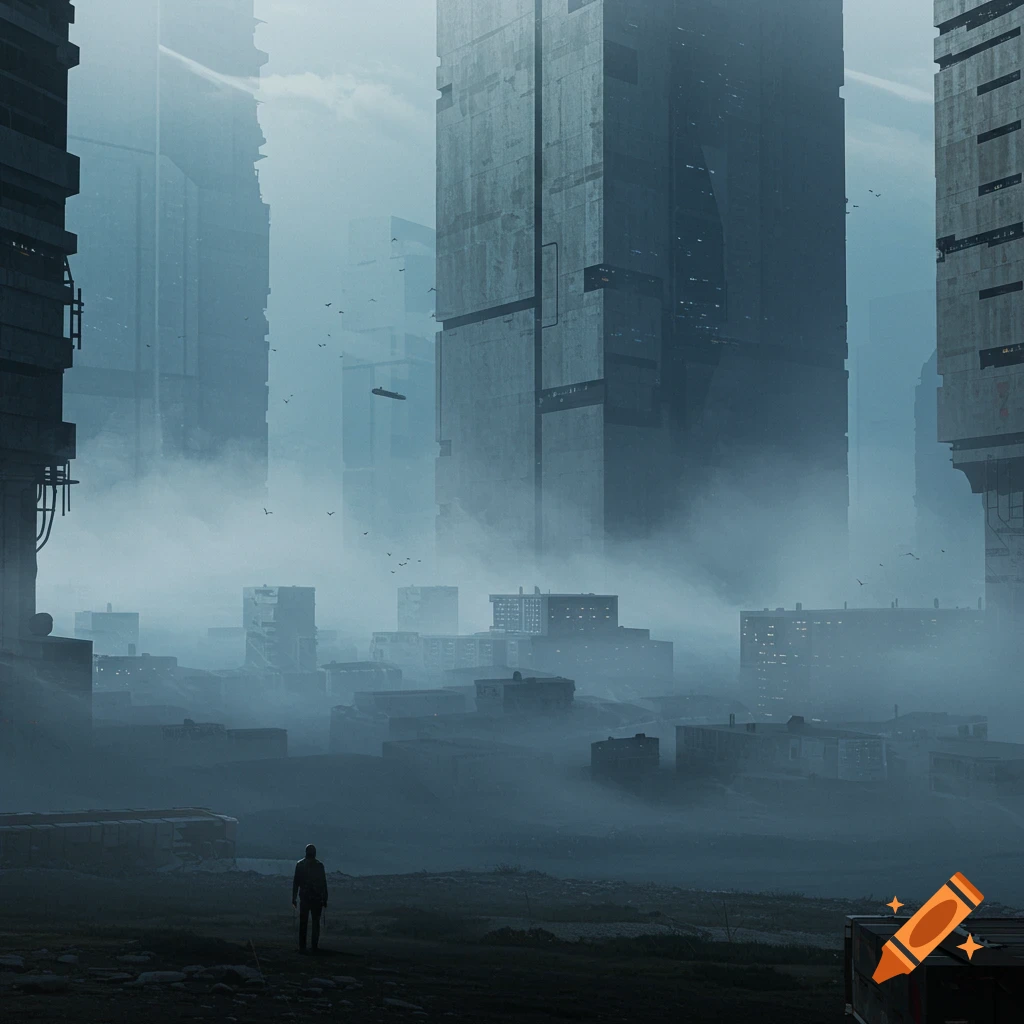 A person stands in a foggy futuristic city with tall, plain buildings.