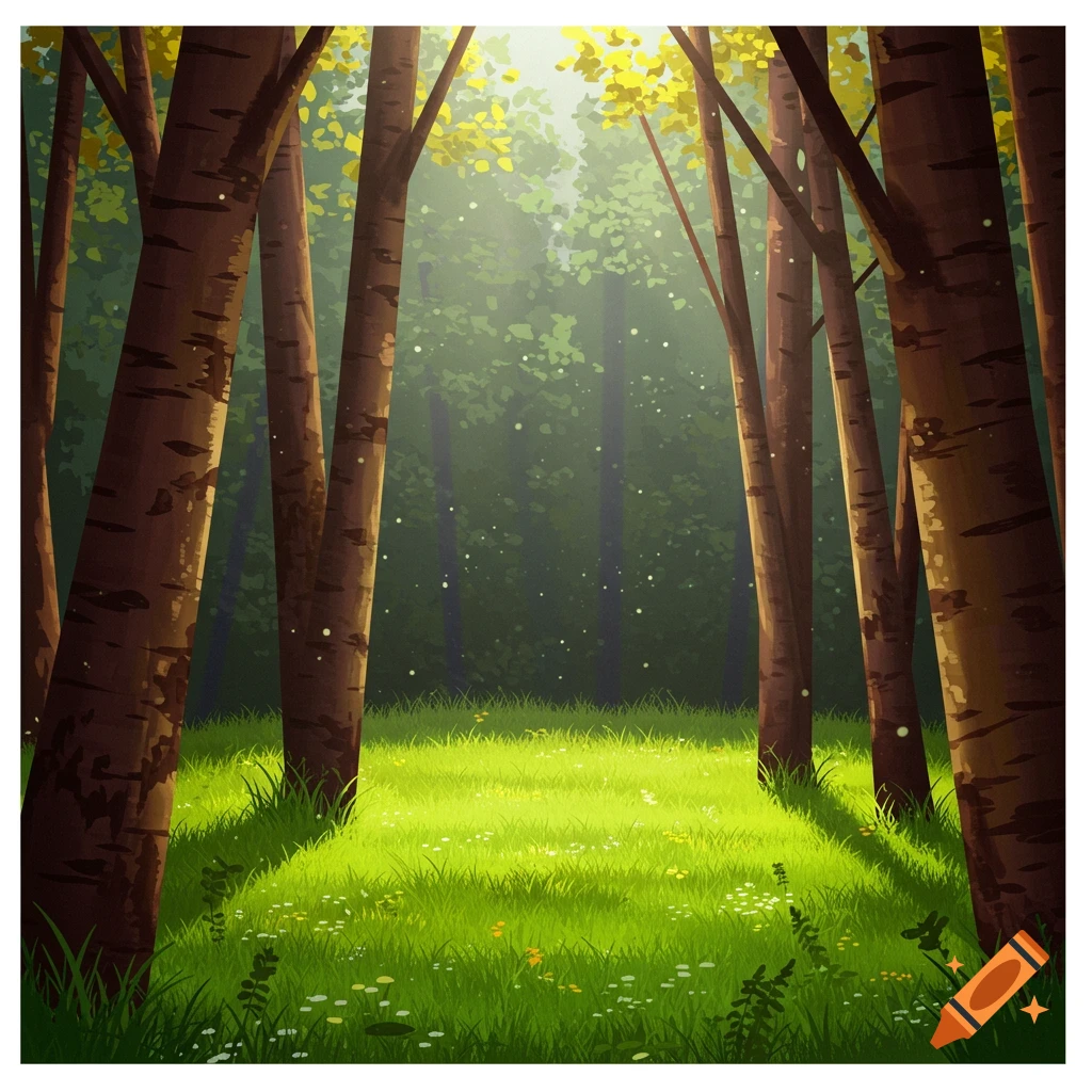 Sunlight filtering through trees onto a grassy forest clearing.