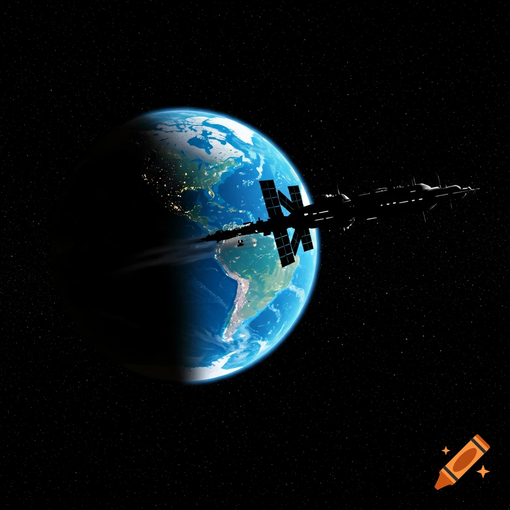A space station silhouette passing in front of Earth in space.