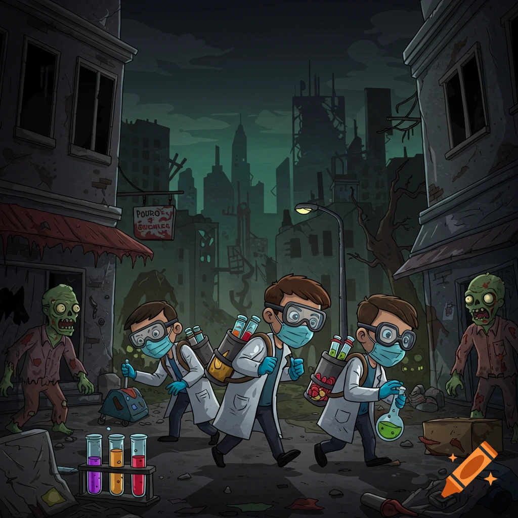 Cartoon scientists walk past zombies in a ruined city.