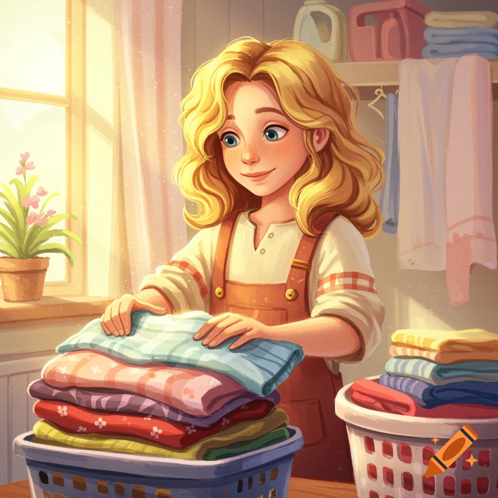 Whimsical illustration of a young person with blonde hair folding laundry in a sunny room.