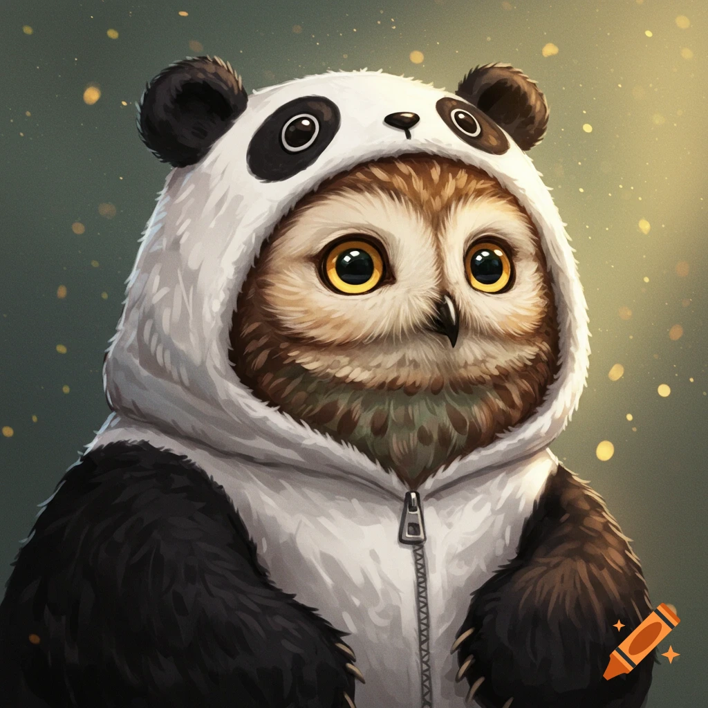 An owl wearing a panda hoodie.
