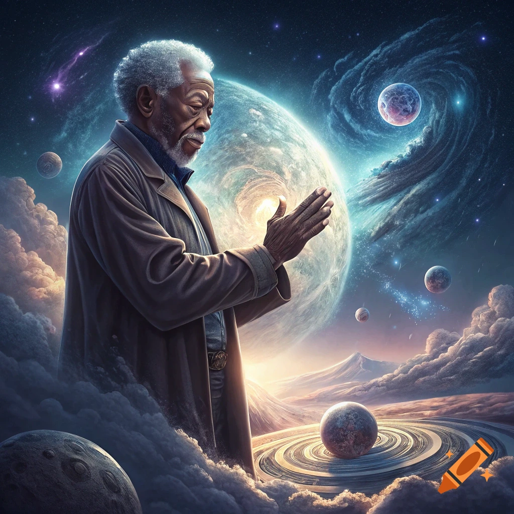 Morgan Freeman in space, surrounded by planets and cosmic energy, with hands together as if creating.