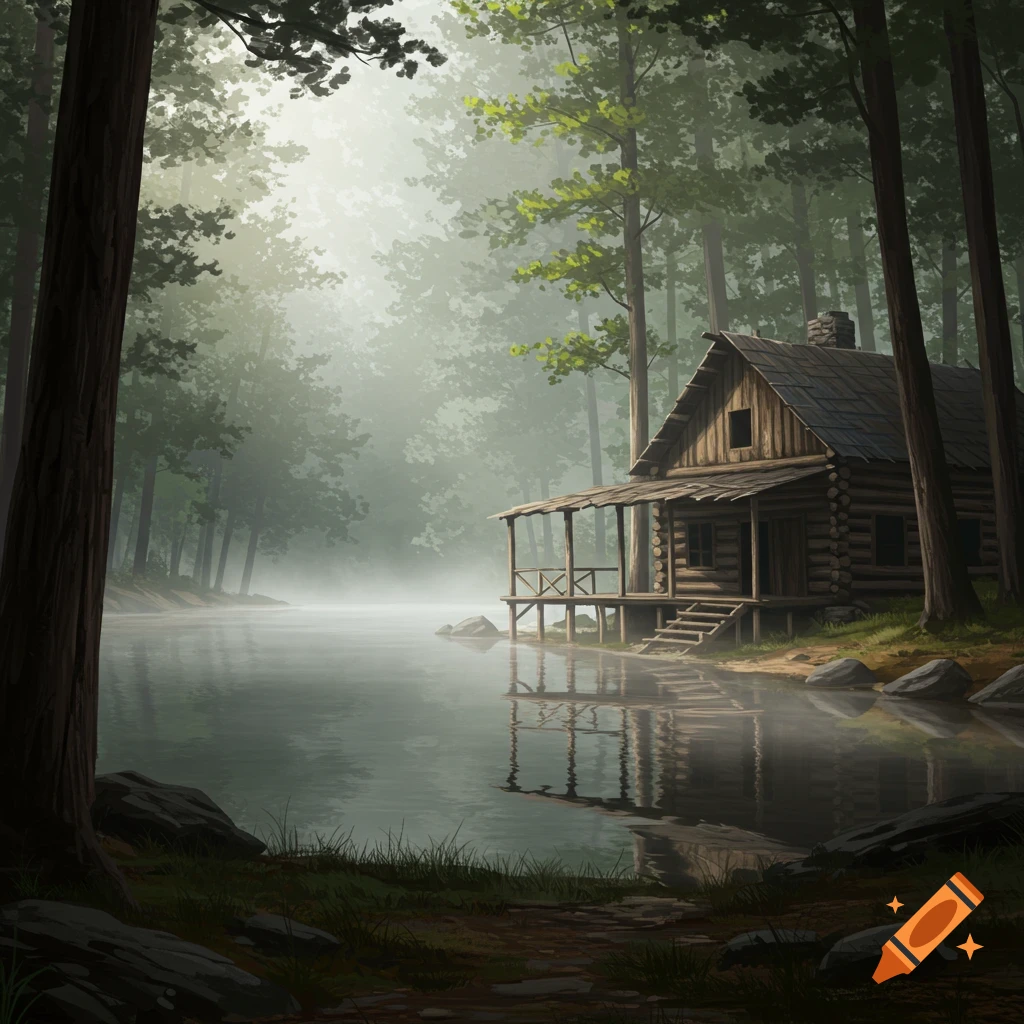 A wooden cabin by a misty lake in a forest.