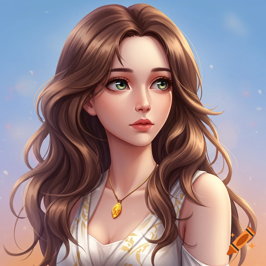 Anime portrait of a woman with brown hair and green eyes.