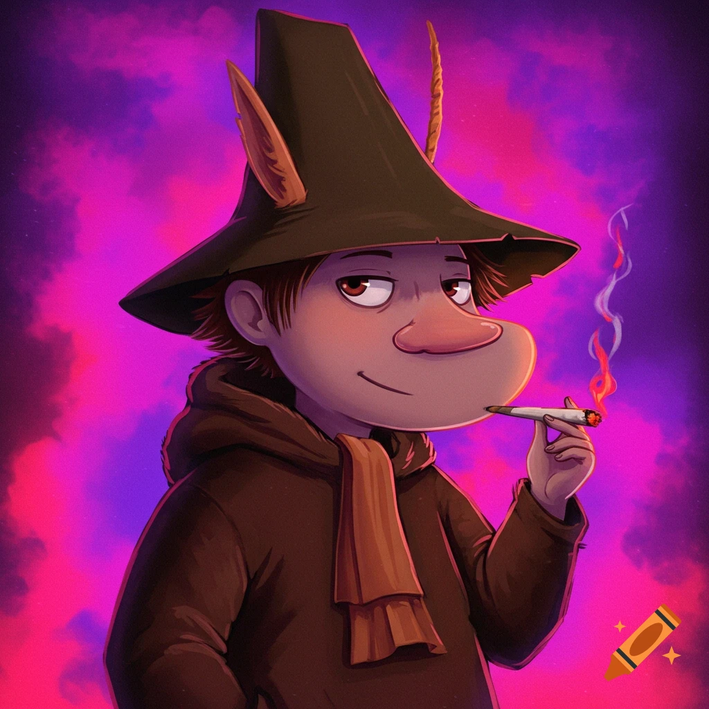 A Moomin character wearing a hat and scarf is smoking against a purple and pink background.