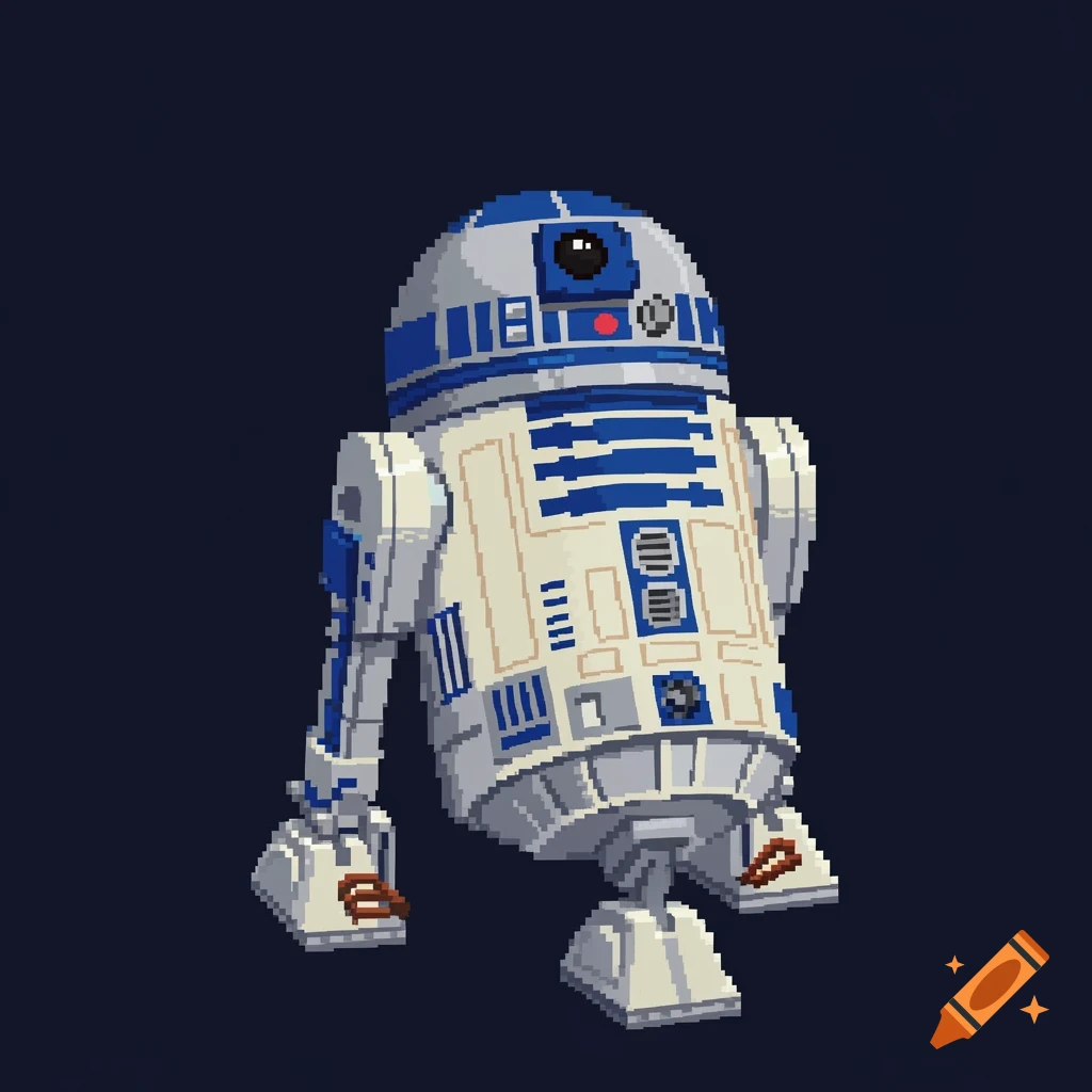 Pixel art illustration of R2-D2 against a dark blue background.