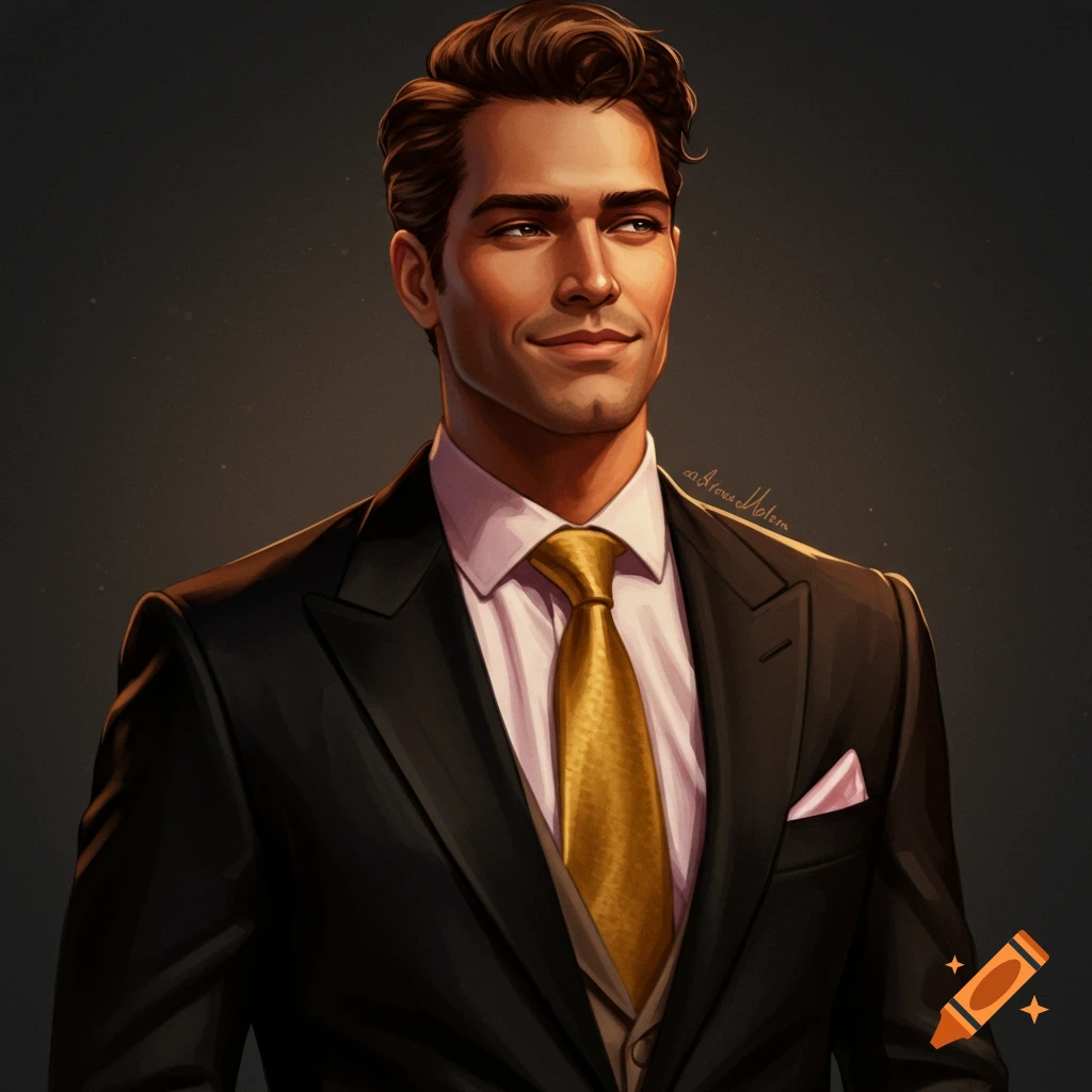 A man in a black tuxedo, pink shirt, and gold tie.