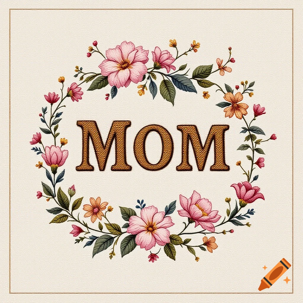 A floral wreath with pink and orange flowers surrounds the word MOM in thick brown letters, on a textured background.